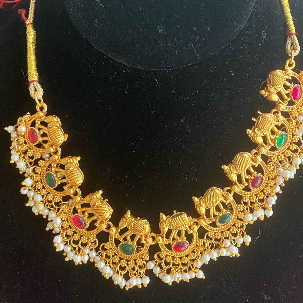 New Elephant necklace from India with Red and Green Cabochons and Faux Pearls!